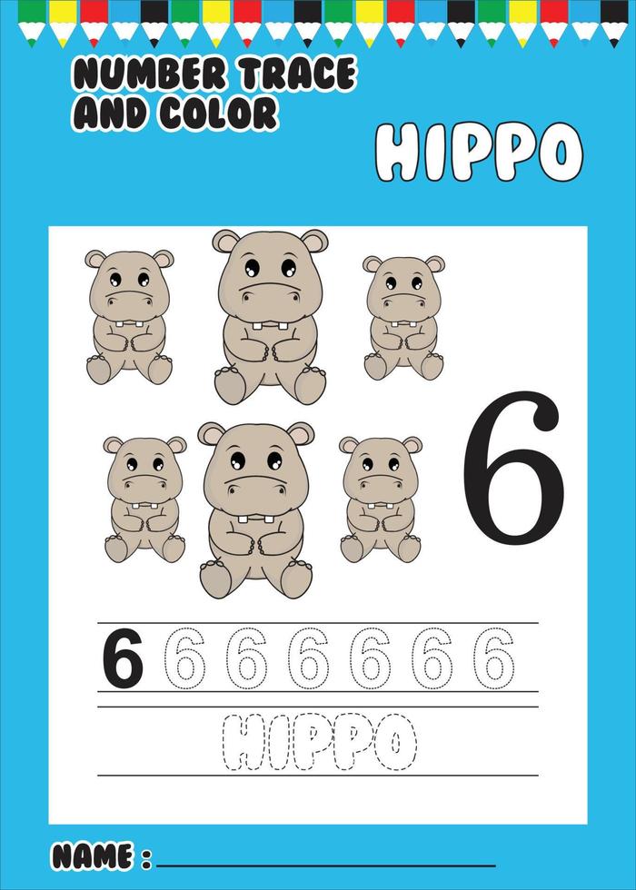 traza y número de color. rastrear el lindo hipopótamo. vector