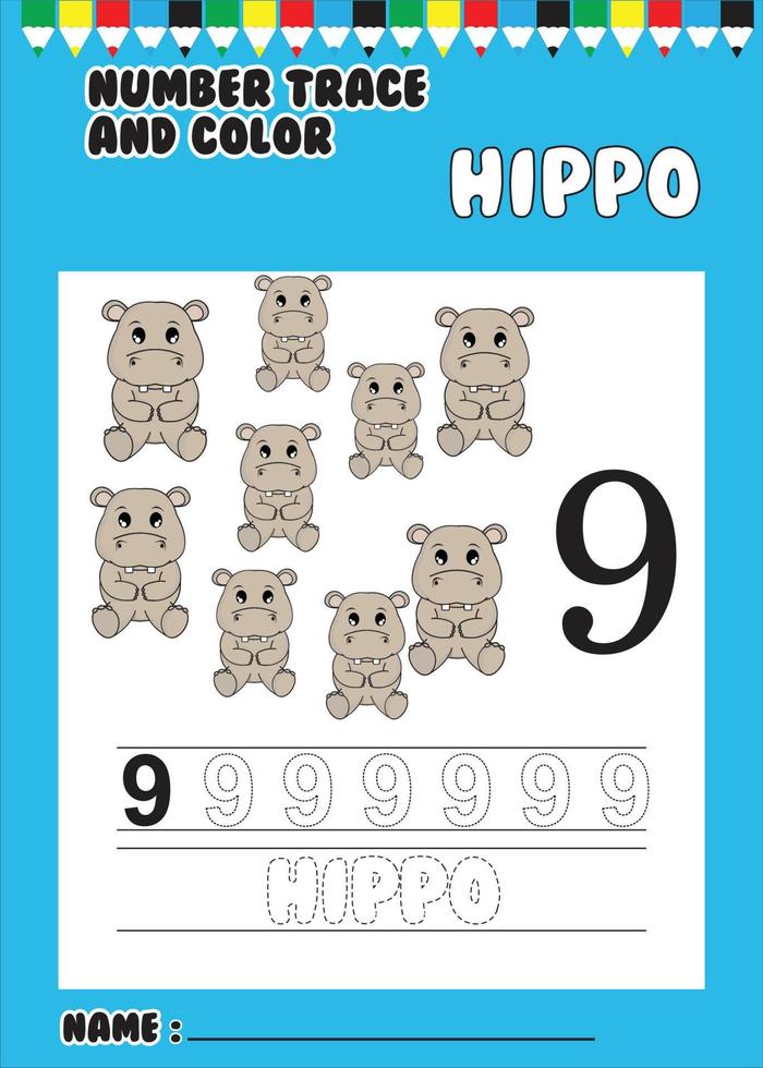 traza y número de color. rastrear el lindo hipopótamo. vector