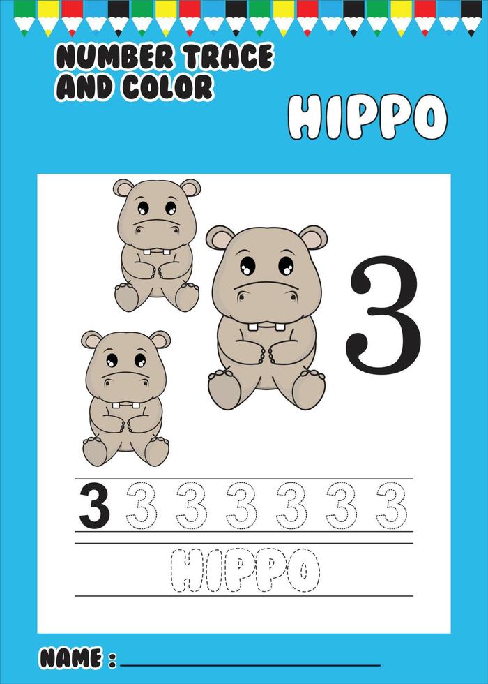 trace and color number . trace the cute hippo . vector