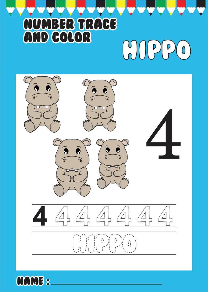trace and color number . trace the cute hippo . vector