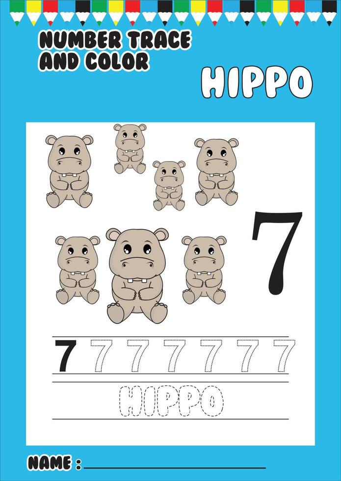 trace and color number . trace the cute hippo . vector
