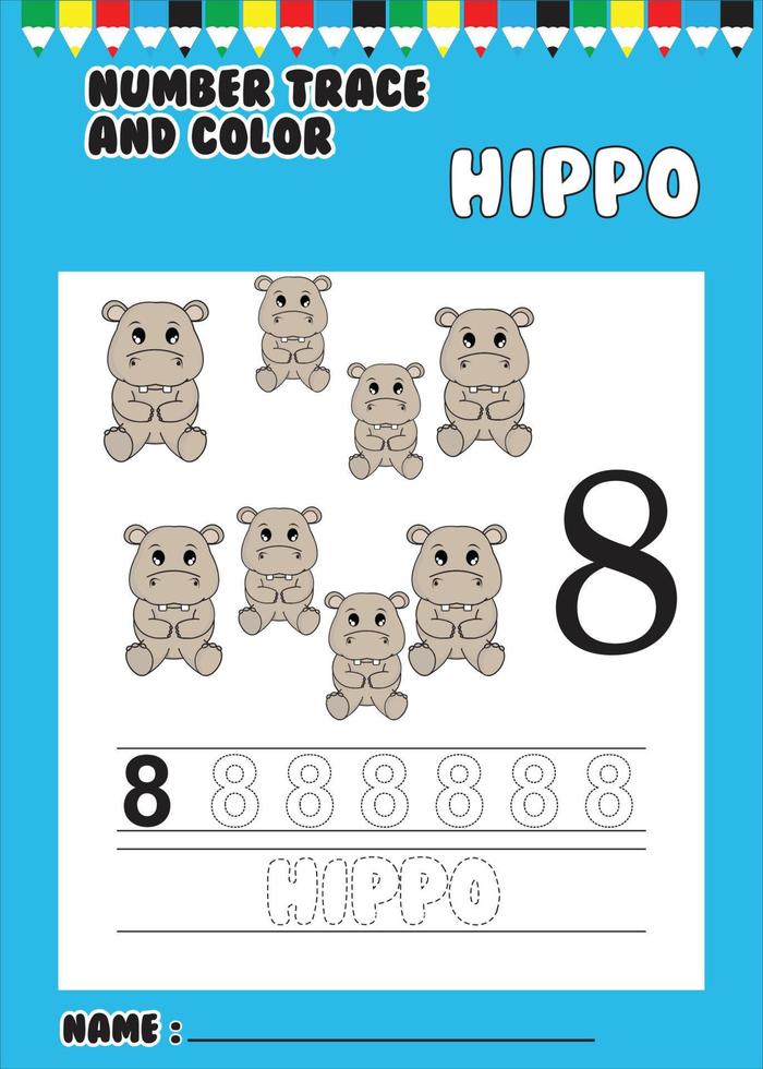 trace and color number . trace the cute hippo . vector