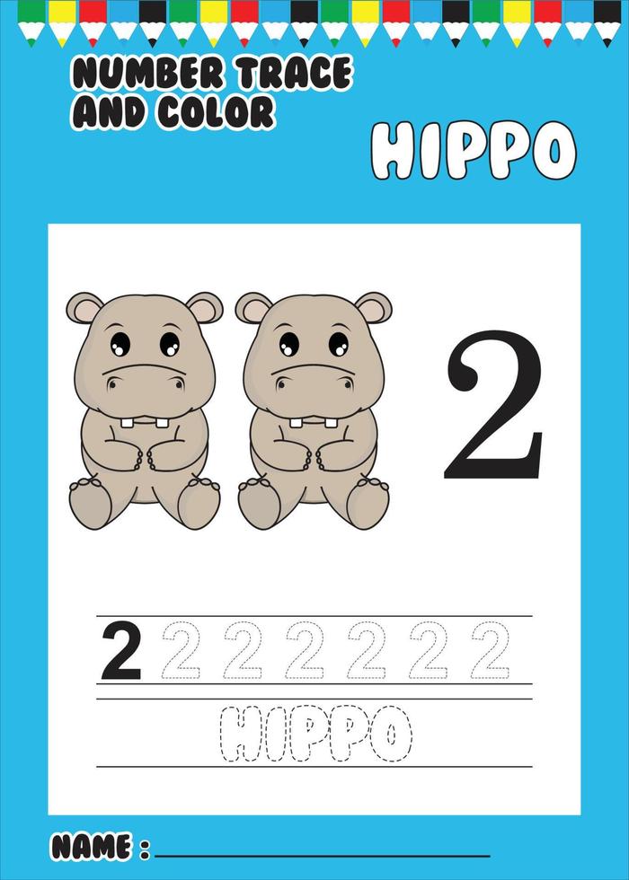 trace and color number . trace the cute hippo . Print vector