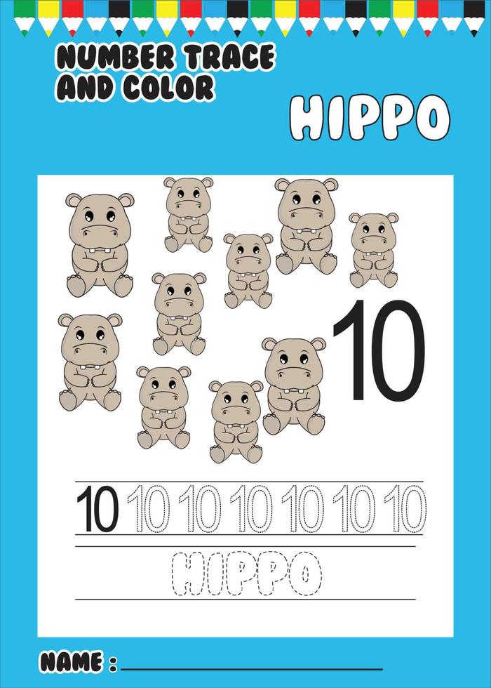 trace and color number . trace the cute hippo . vector