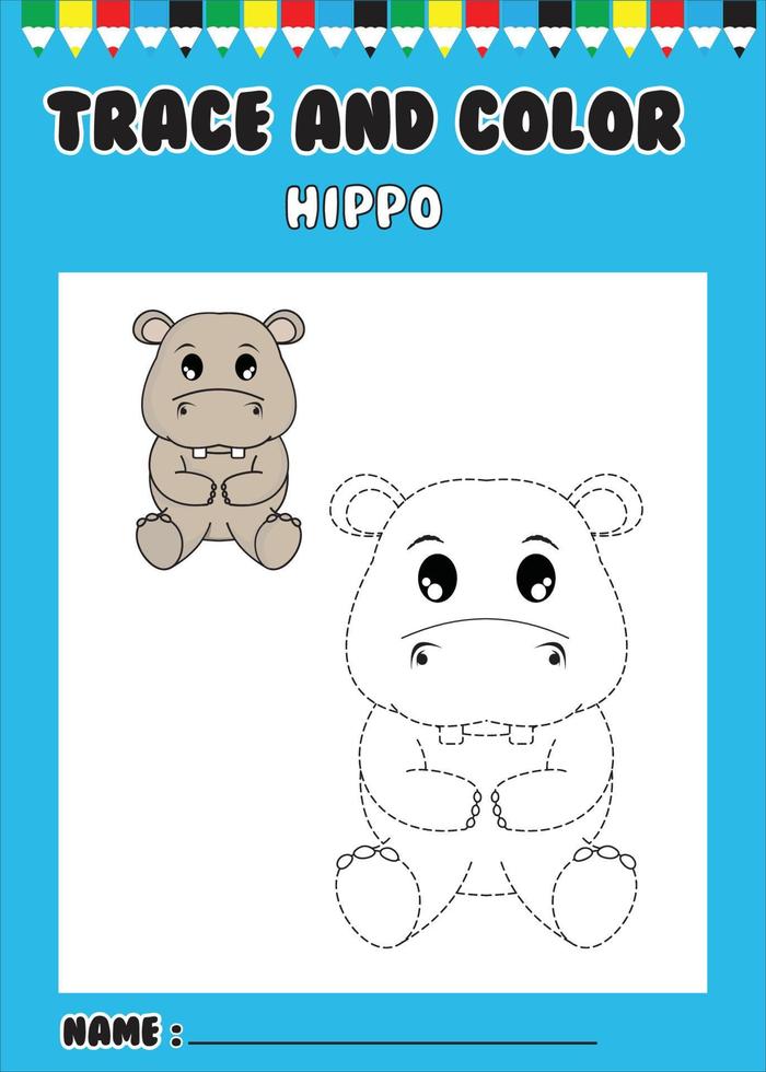 trace and color hippo. cute hippo animal cartoon character. vector