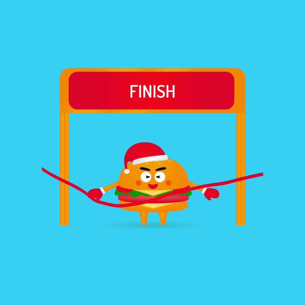 cute hamburger character illustration reaching the finish line vector