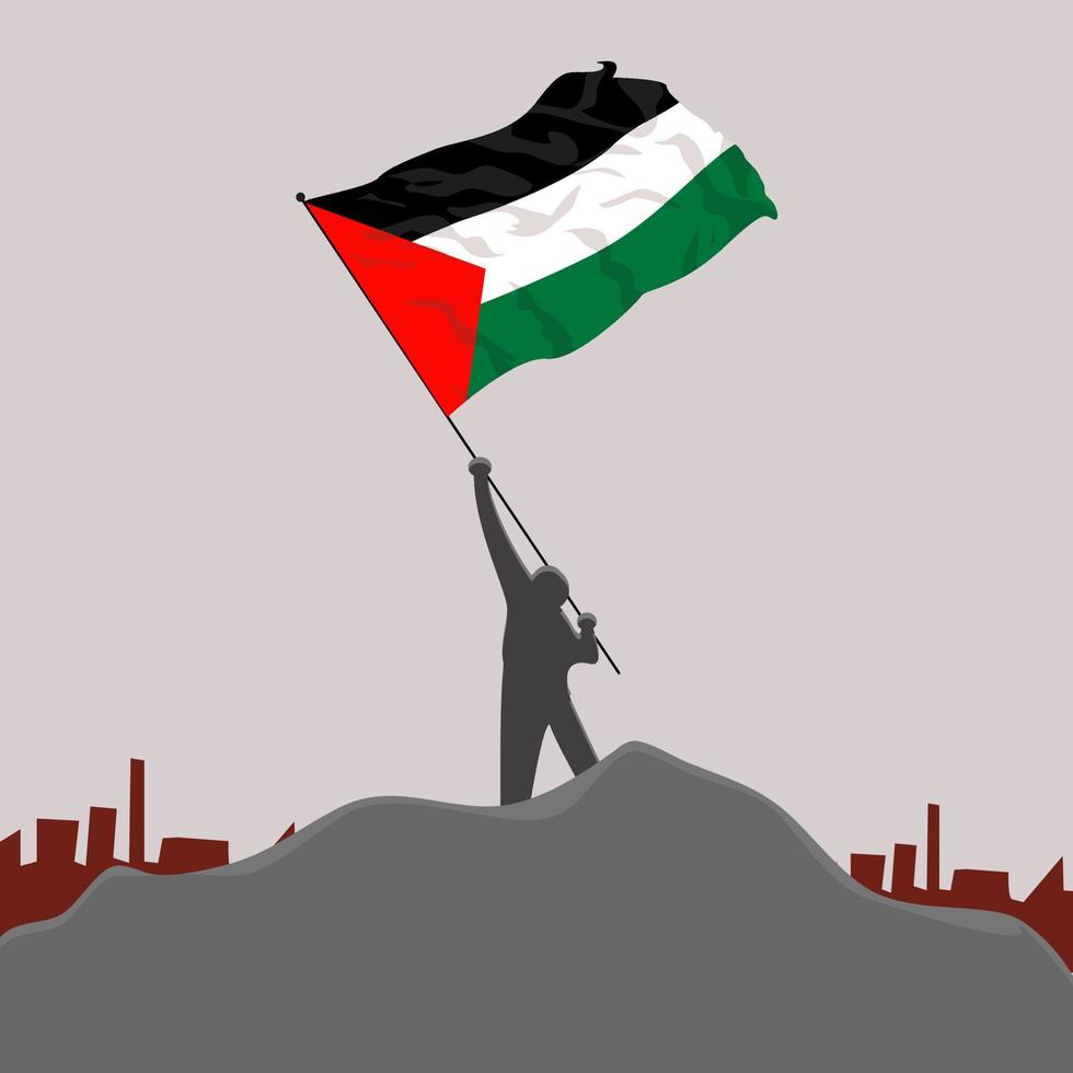 man with palestina flag on top of hill vector