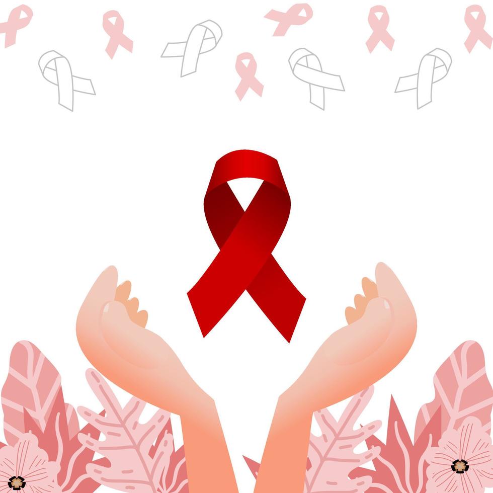 red ribbon, embrace hand with flower decoration vector