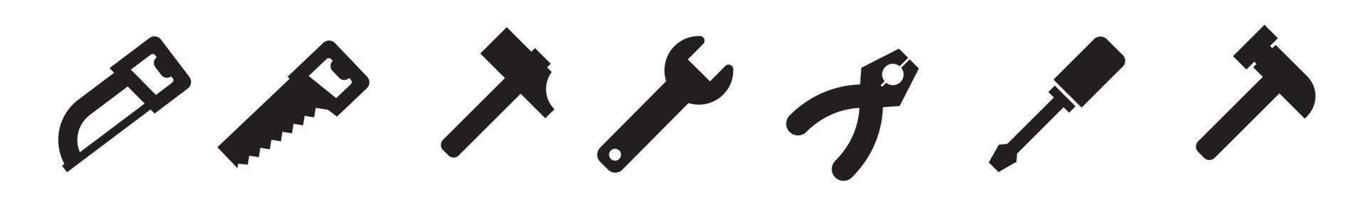 Hand-held working tools , set of icons.  Monochrome silhouettes. Vector illustration.