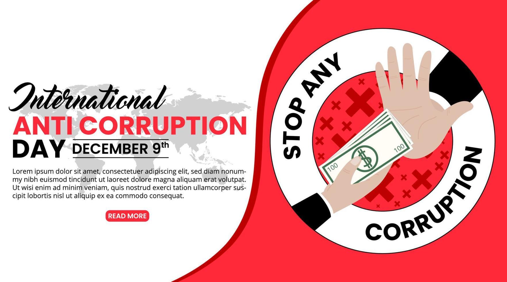 International anti corruption day background with hands illustrated as rejected bribery action vector