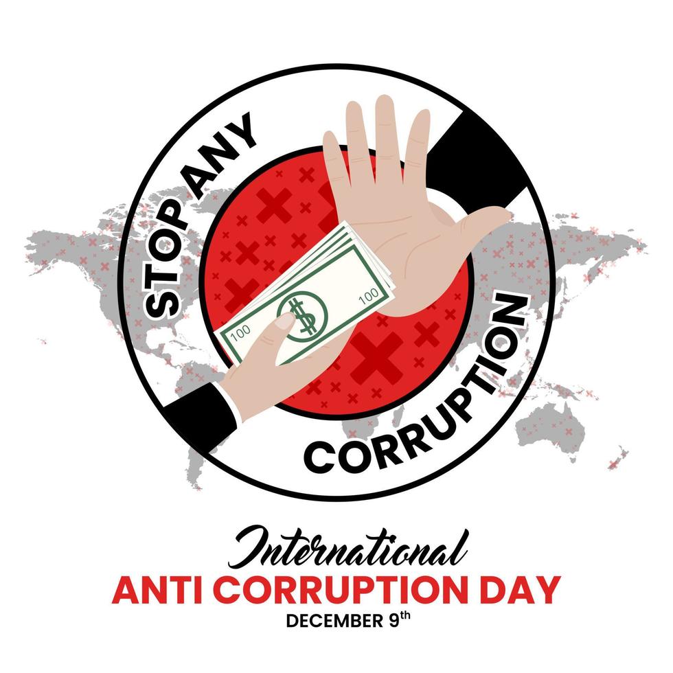 Fondo del día internacional contra la corrupción con manos ilustradas como acción de soborno rechazada vector