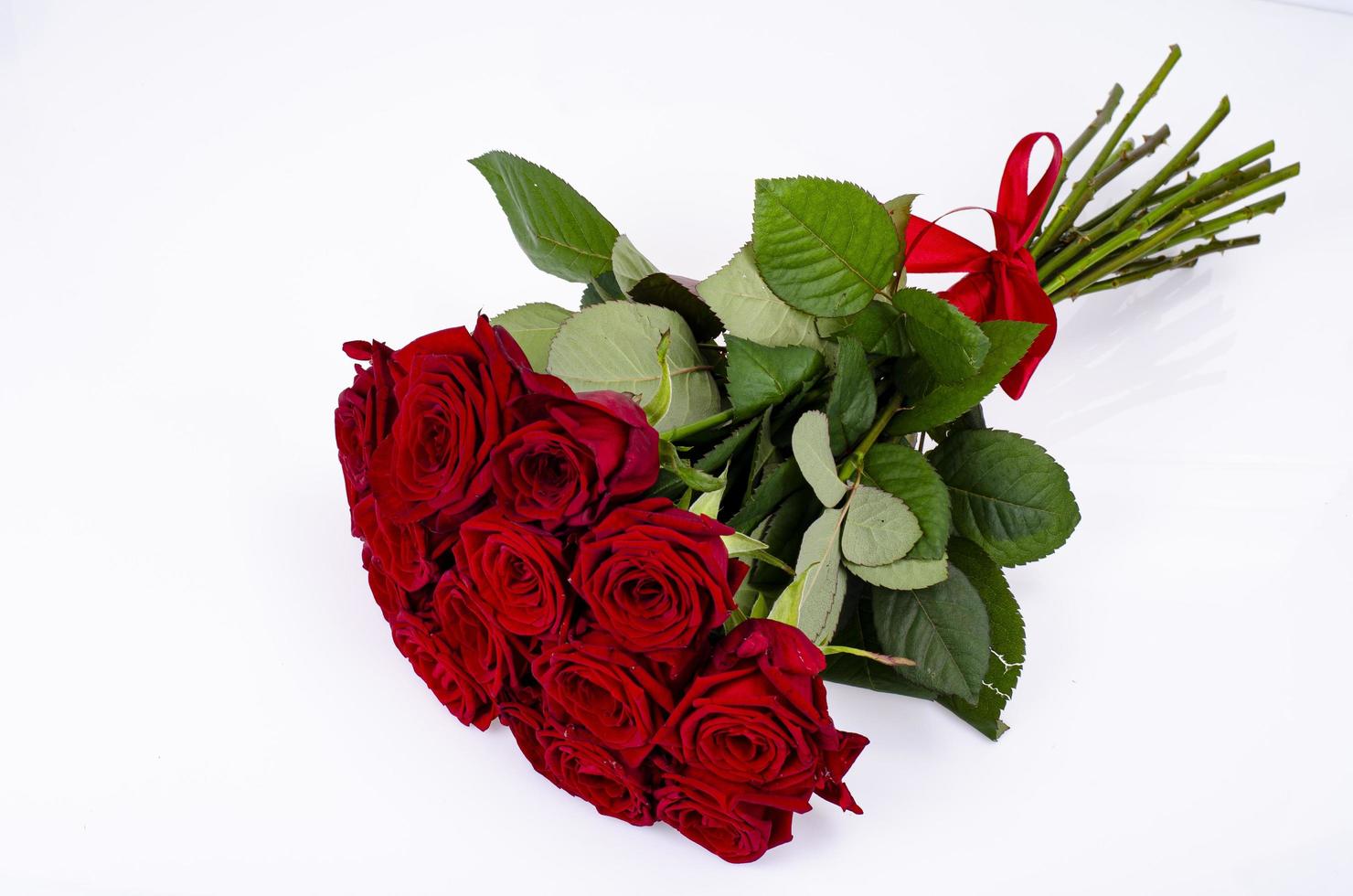 Bouquet of beautiful roses tied with red ribbon. Studio Photo. photo