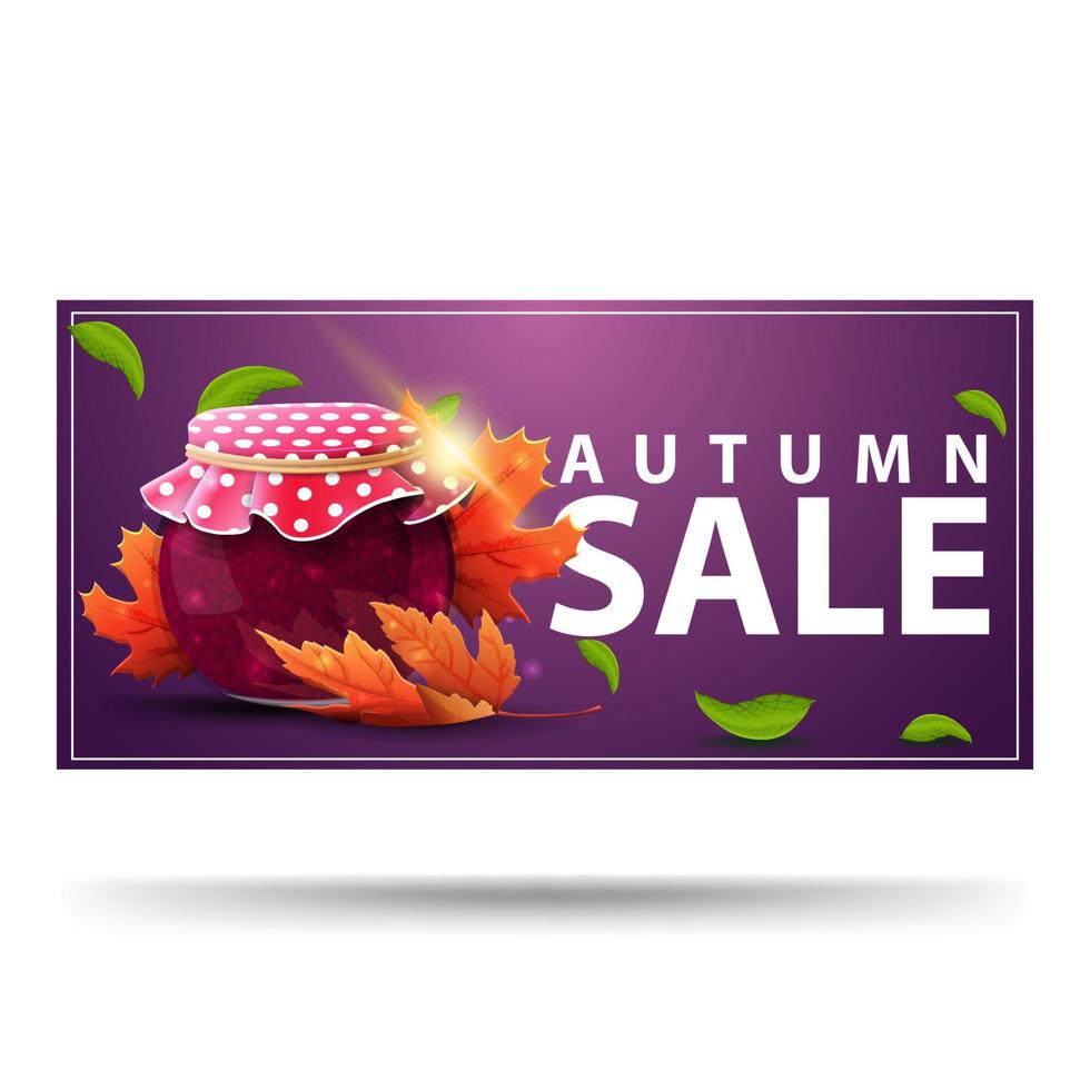 Autumn sale, purple discount banner with jar of jam and maple leaves vector