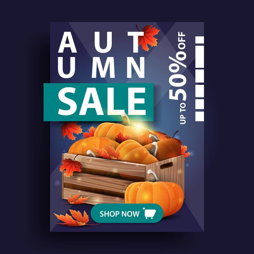 Venta de otoño, banner de descuento azul vertical con cajas de madera de calabazas maduras y aleros de otoño vector