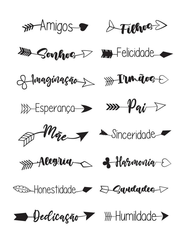 Brazilian Portuguese words in arrows. Translation - Dreams, Imagination, Hope, Mother, Fun, Honesty, Happiness, Brothers, Father, Sincerity, Harmony, Missing vector