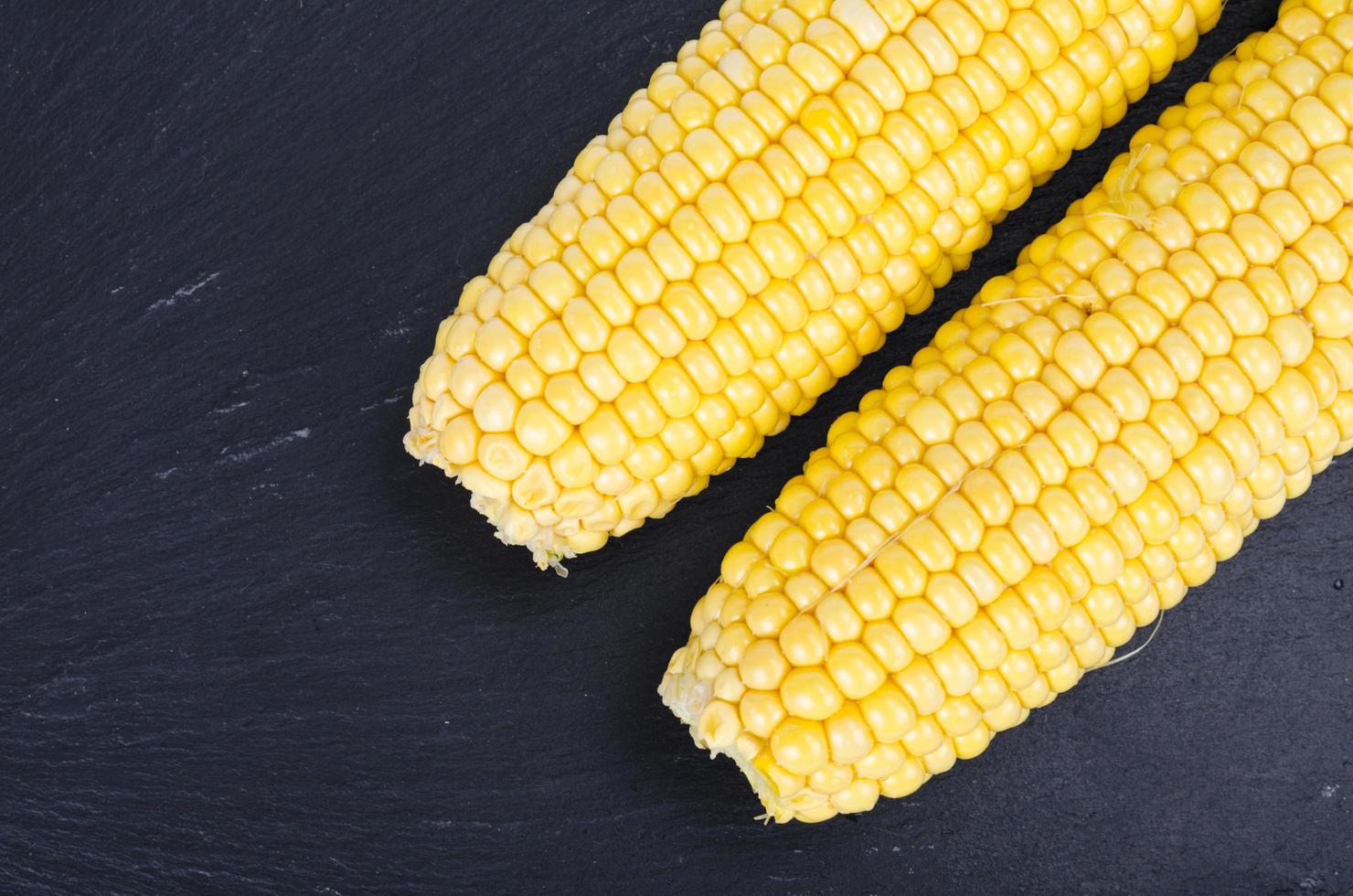 Cobs of ripe yellow sweet corn on black background. Studio Photo. photo