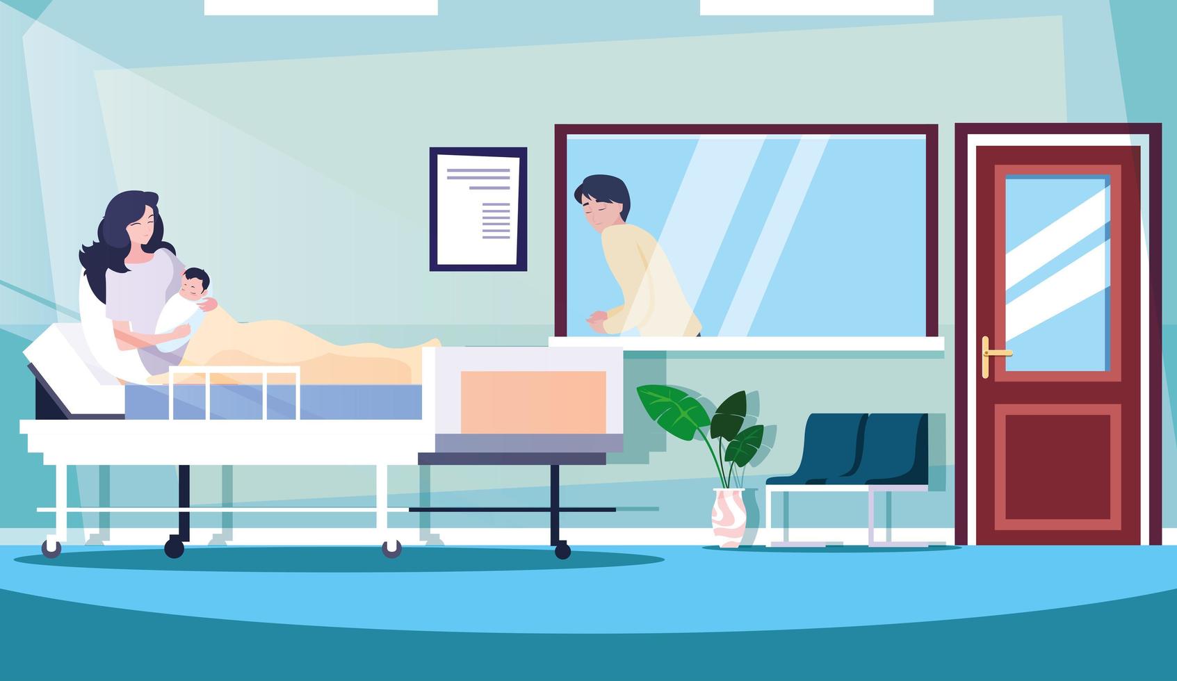 parents with newborn in stretcher hospitalization room vector