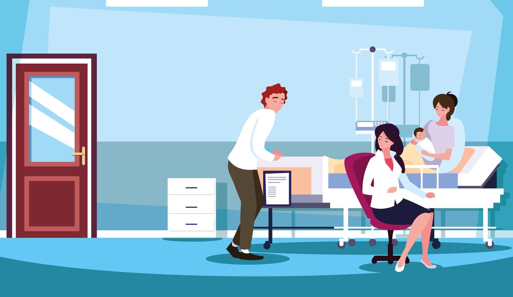 parents with newborn in stretcher hospitalization room vector