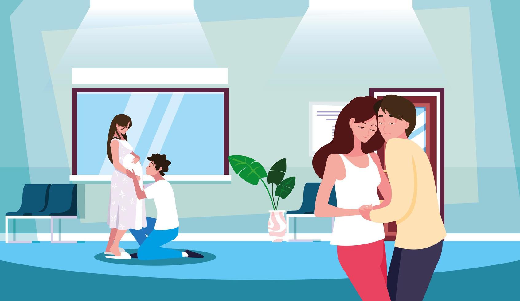 cute couple pregnancy in waiting room vector