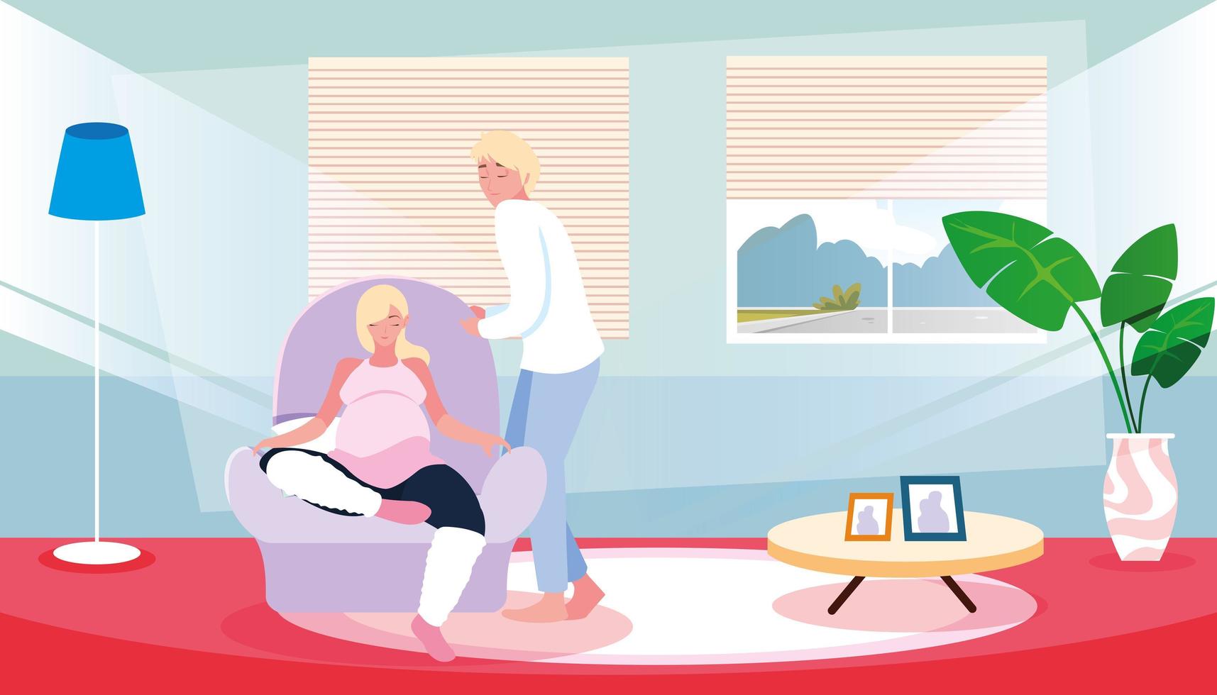 pregnant wife sitting in sofa with husband inside home vector