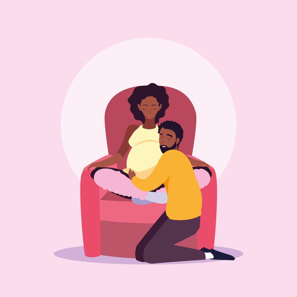 pregnant wife afro sitting in sofa with husband vector