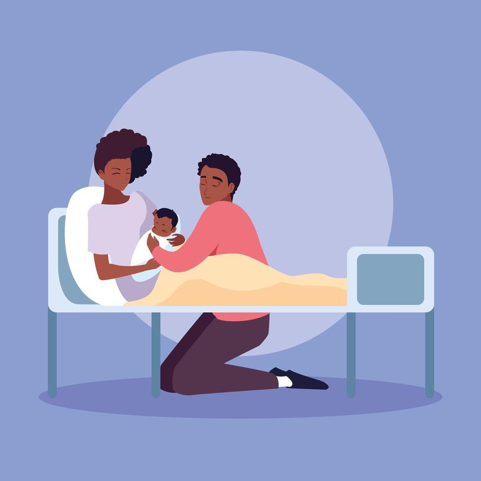 madre afro con recién nacido en camilla y padre observando vector