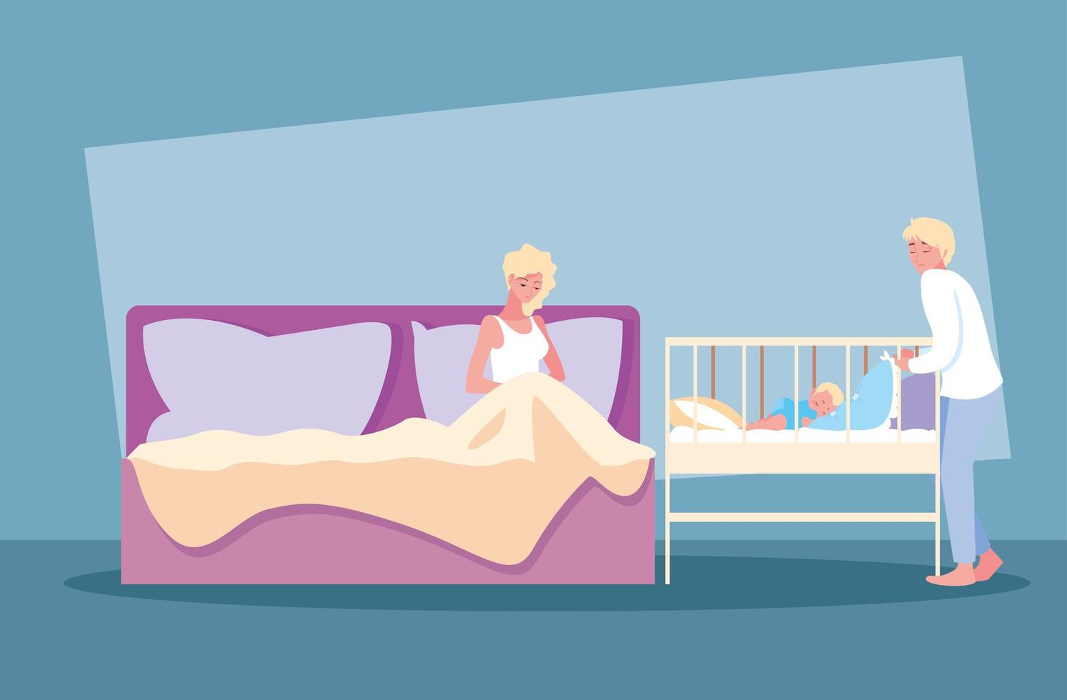 mom in bed and baby in crib with dad observing vector