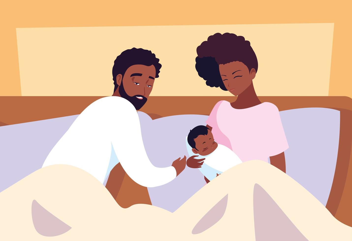 parents afro with baby boy resting in bed vector