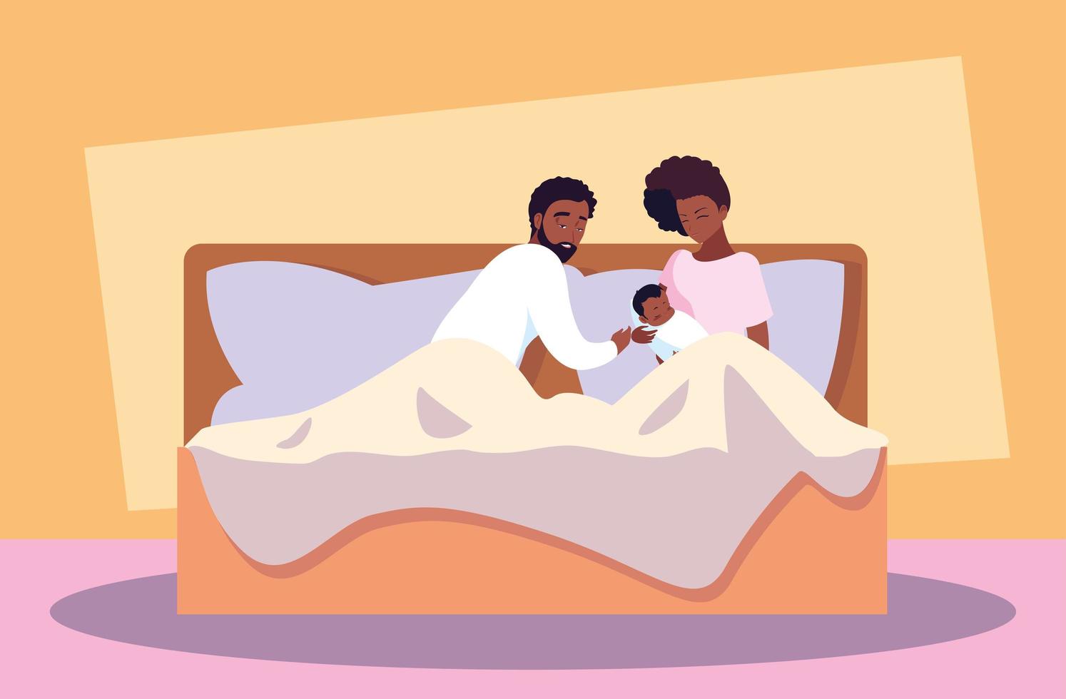 parents afro with baby boy resting in bed vector