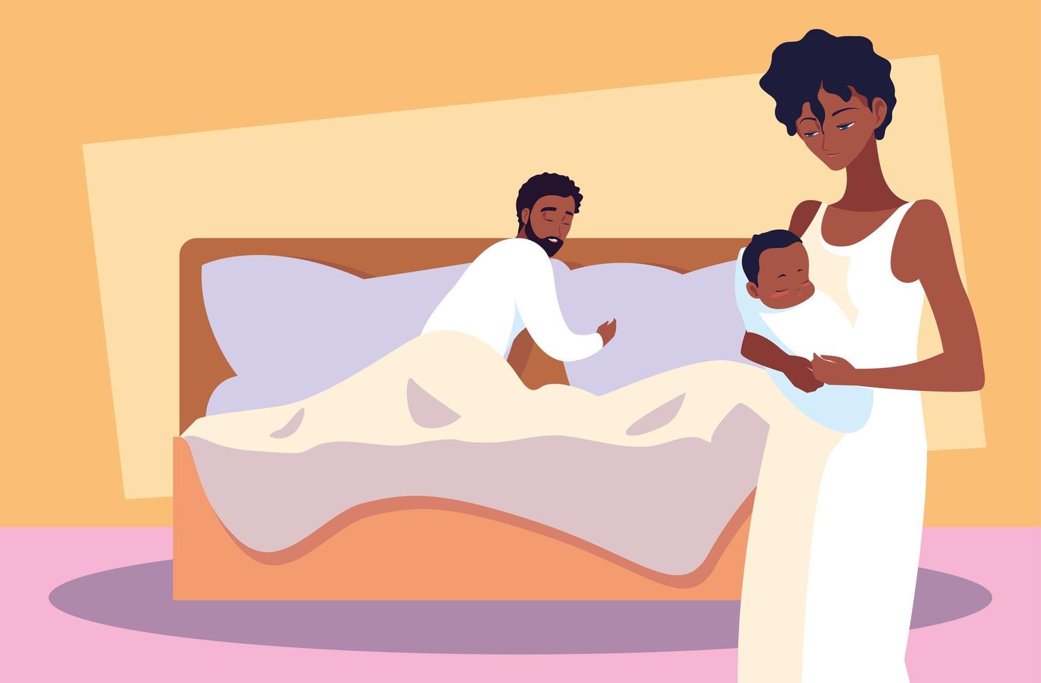 parents afro with baby boy resting in bed vector