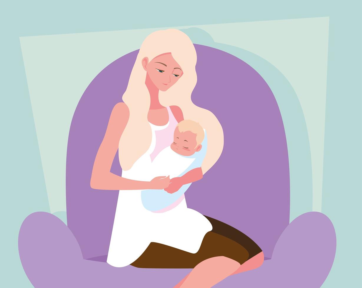 cute mother carrying little son avatar character vector