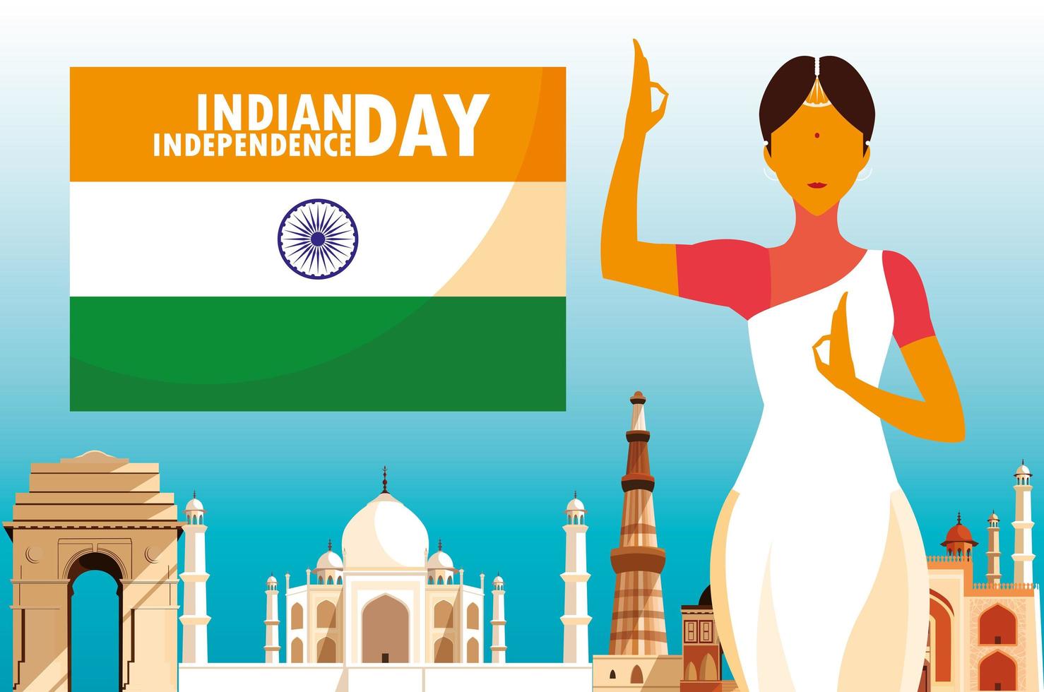 cartel del día de la independencia india con mujer y bandera vector