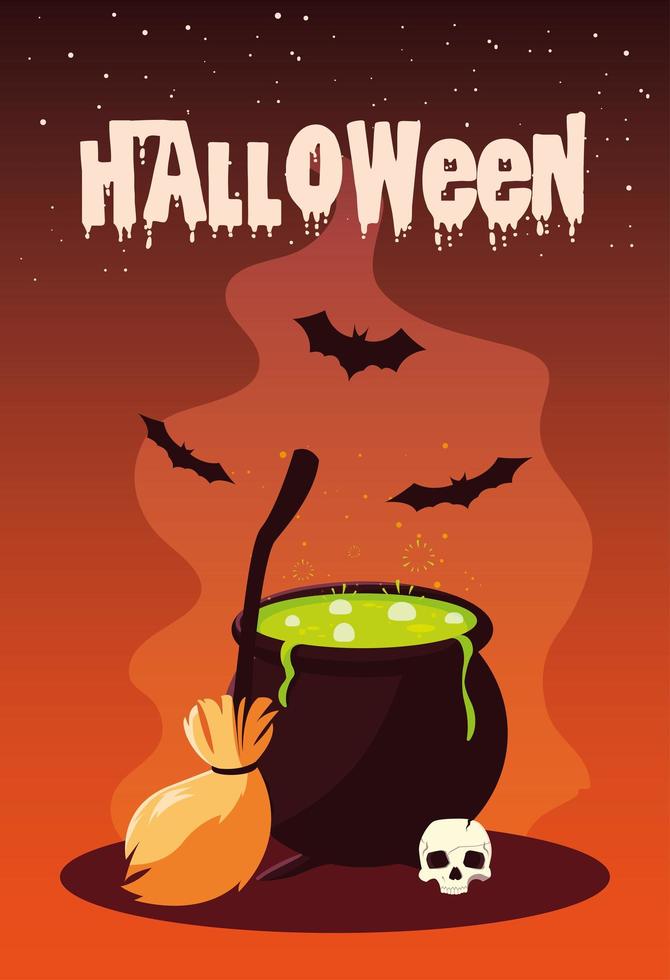 poster of halloween with cauldron and icons vector