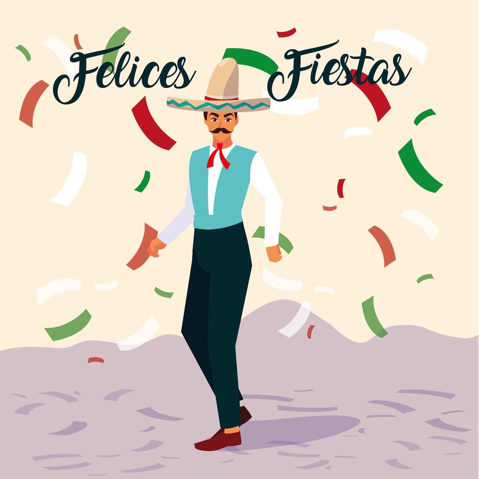 felices fiestas label with man with mexican typical costume vector