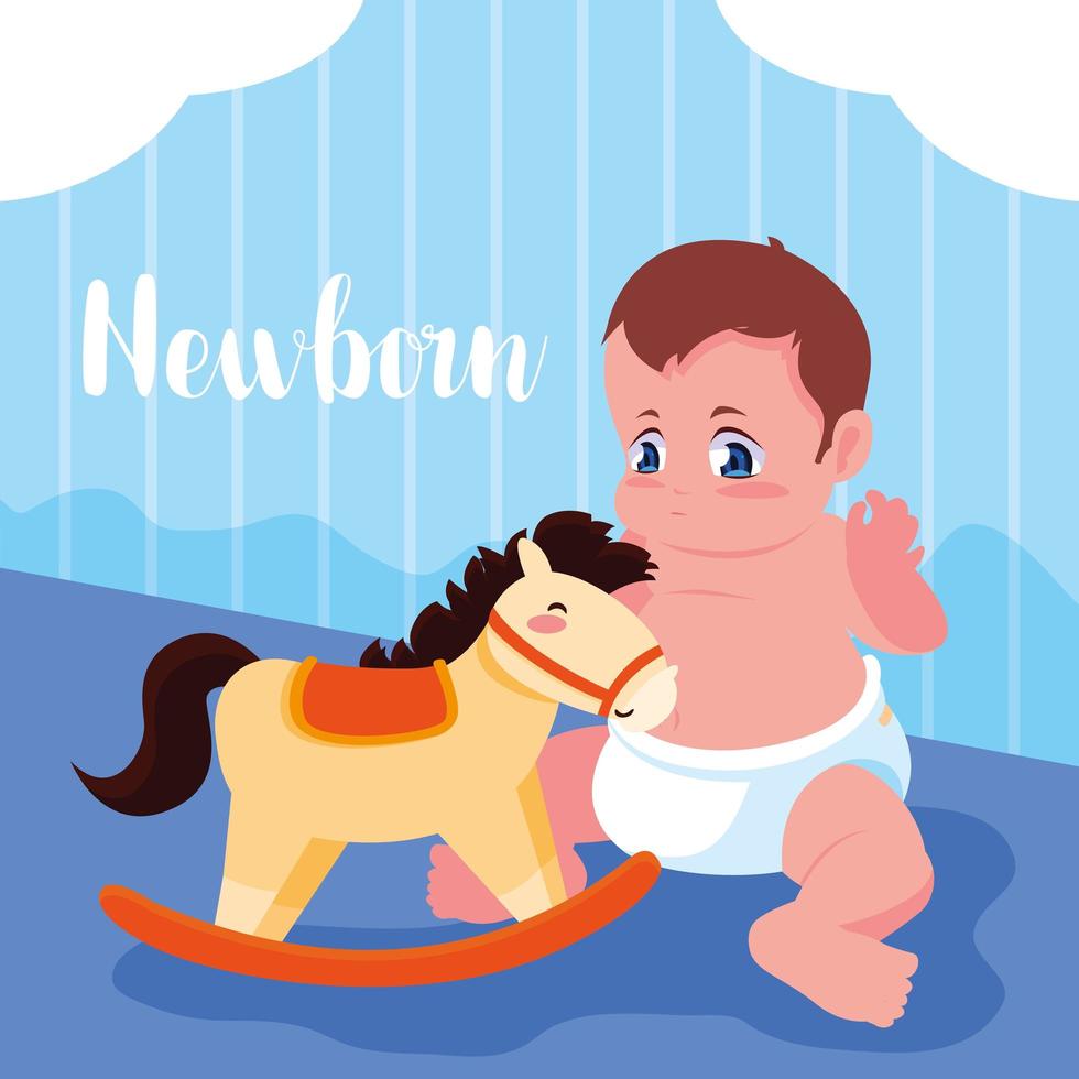 tarjeta de recién nacido con niño y caballo de madera vector