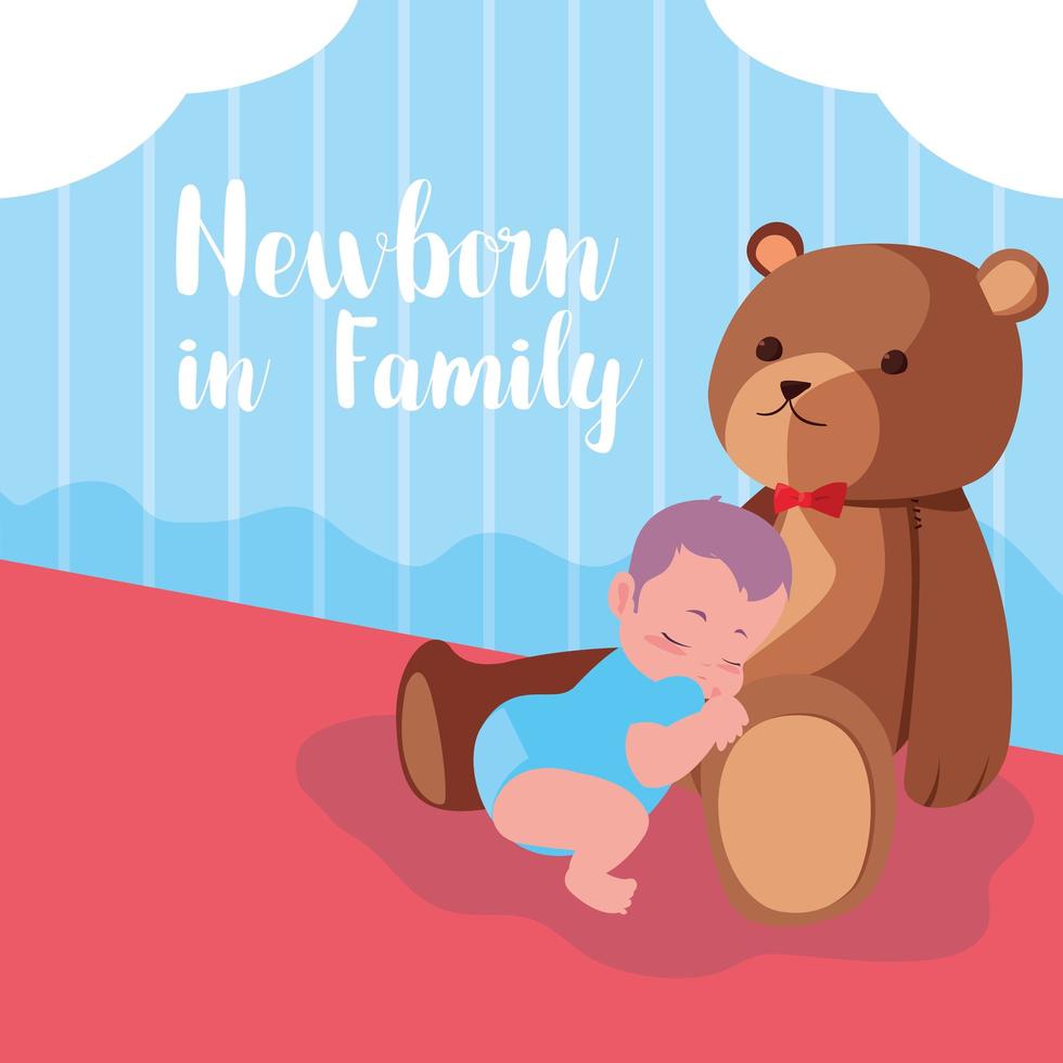 newborn in family card with baby boy sleeping and teddy bear vector
