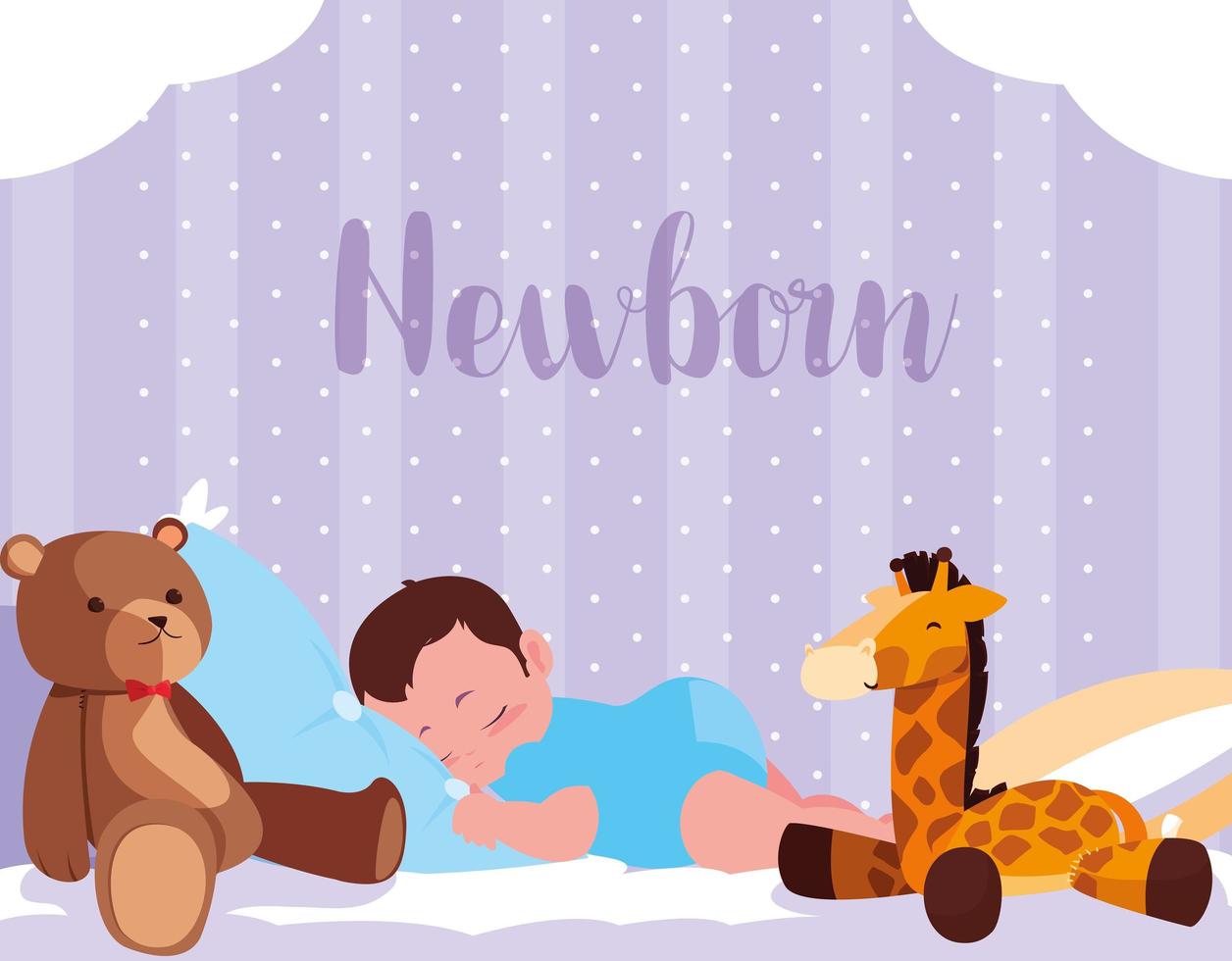 Tarjeta de recién nacido con niño durmiendo con juguetes. vector