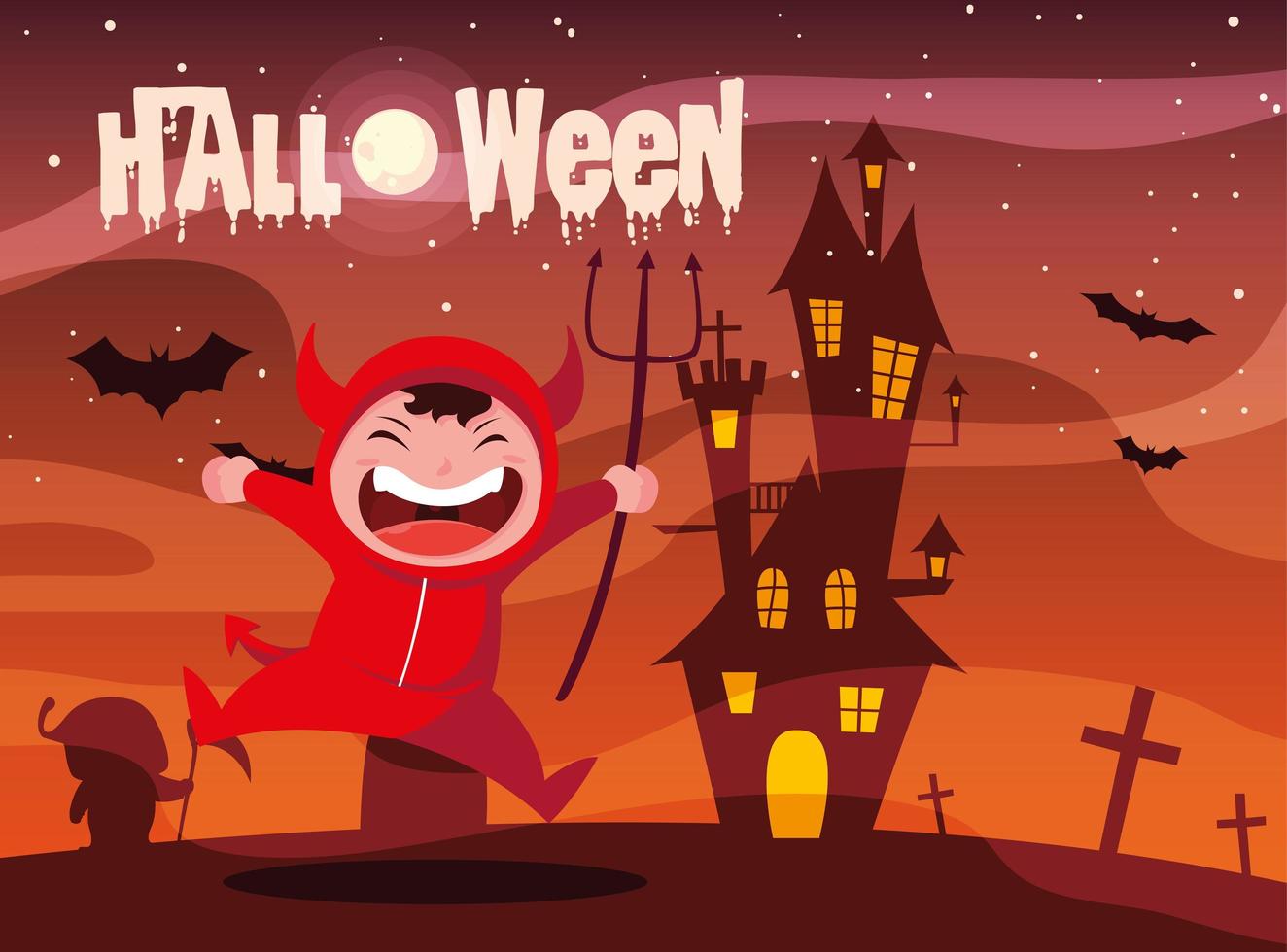 cartel de halloween con niño disfrazado de diablo vector