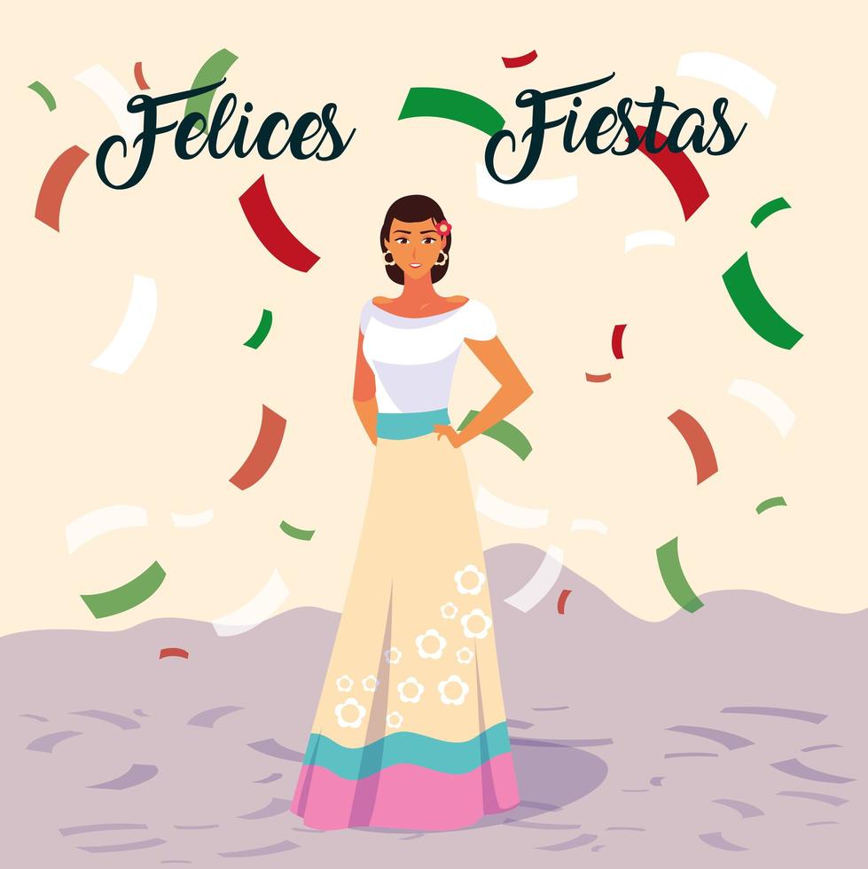 Felices fiestas etiqueta con mujer con traje típico mexicano vector