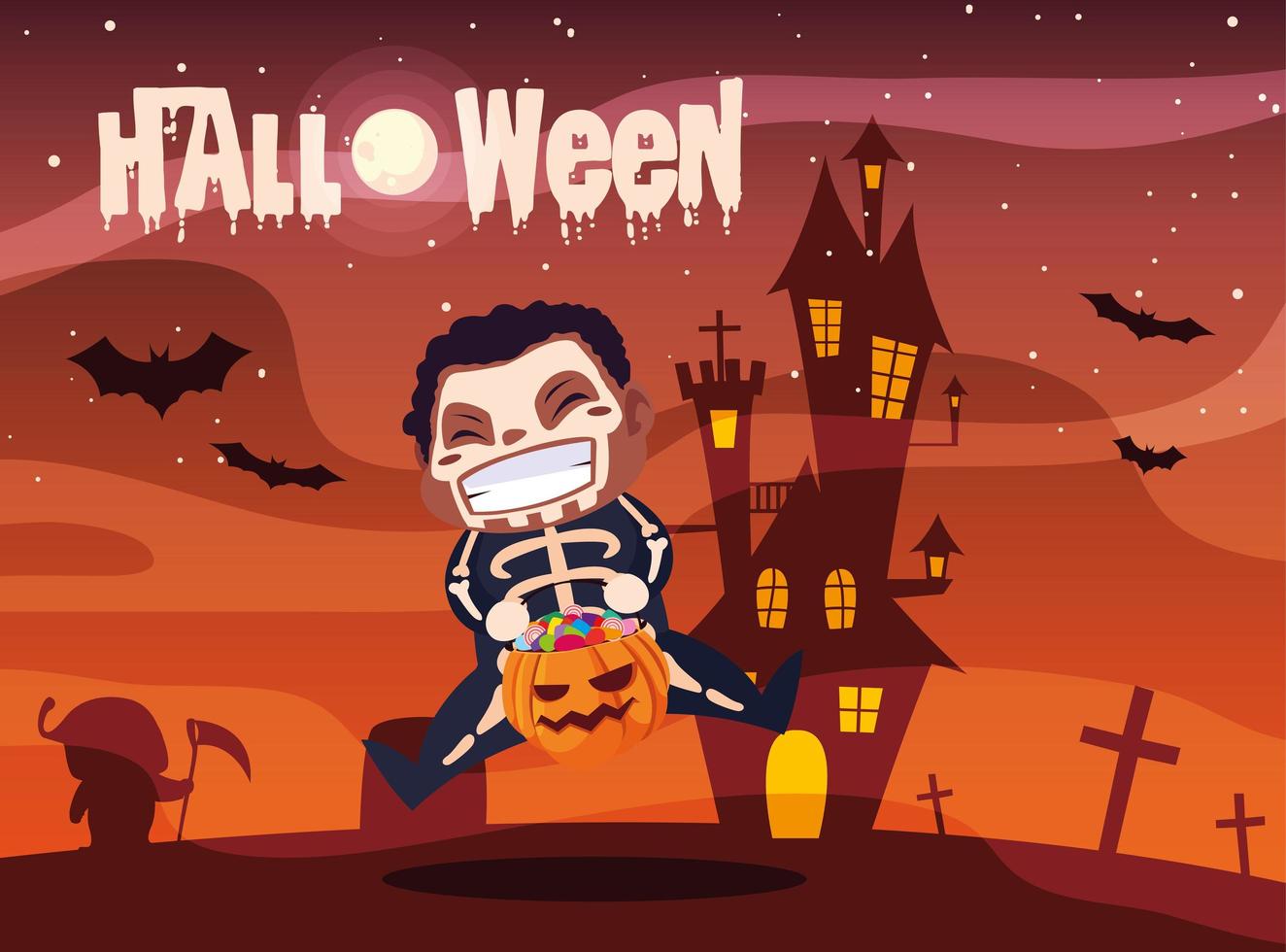 cartel de halloween con niño disfrazado de esqueleto vector