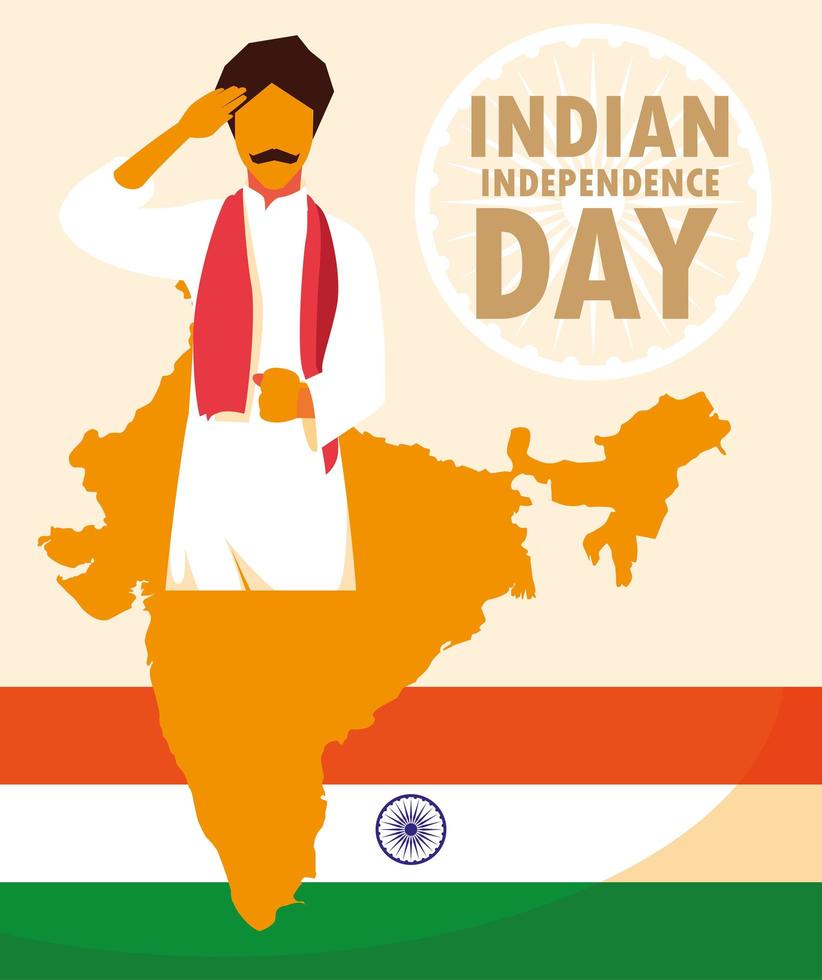 etiqueta india del día de la independencia con el hombre y el mapa vector