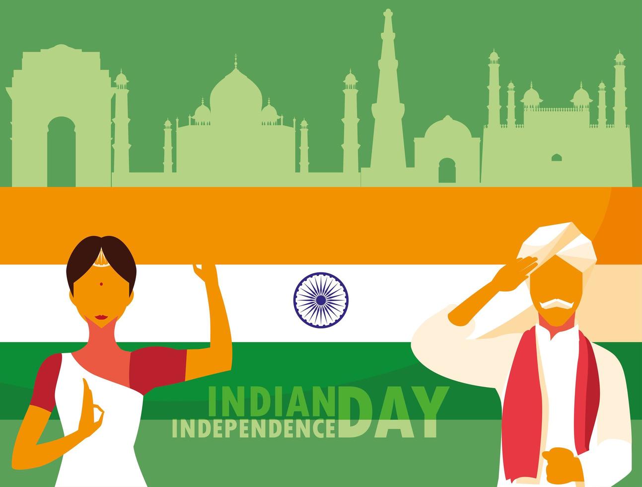 etiqueta india del día de la independencia con pareja y bandera vector