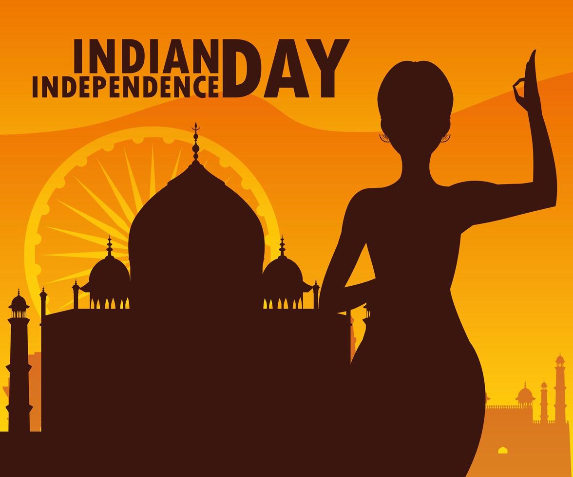 día de la independencia india con silueta de mujer y mezquita vector