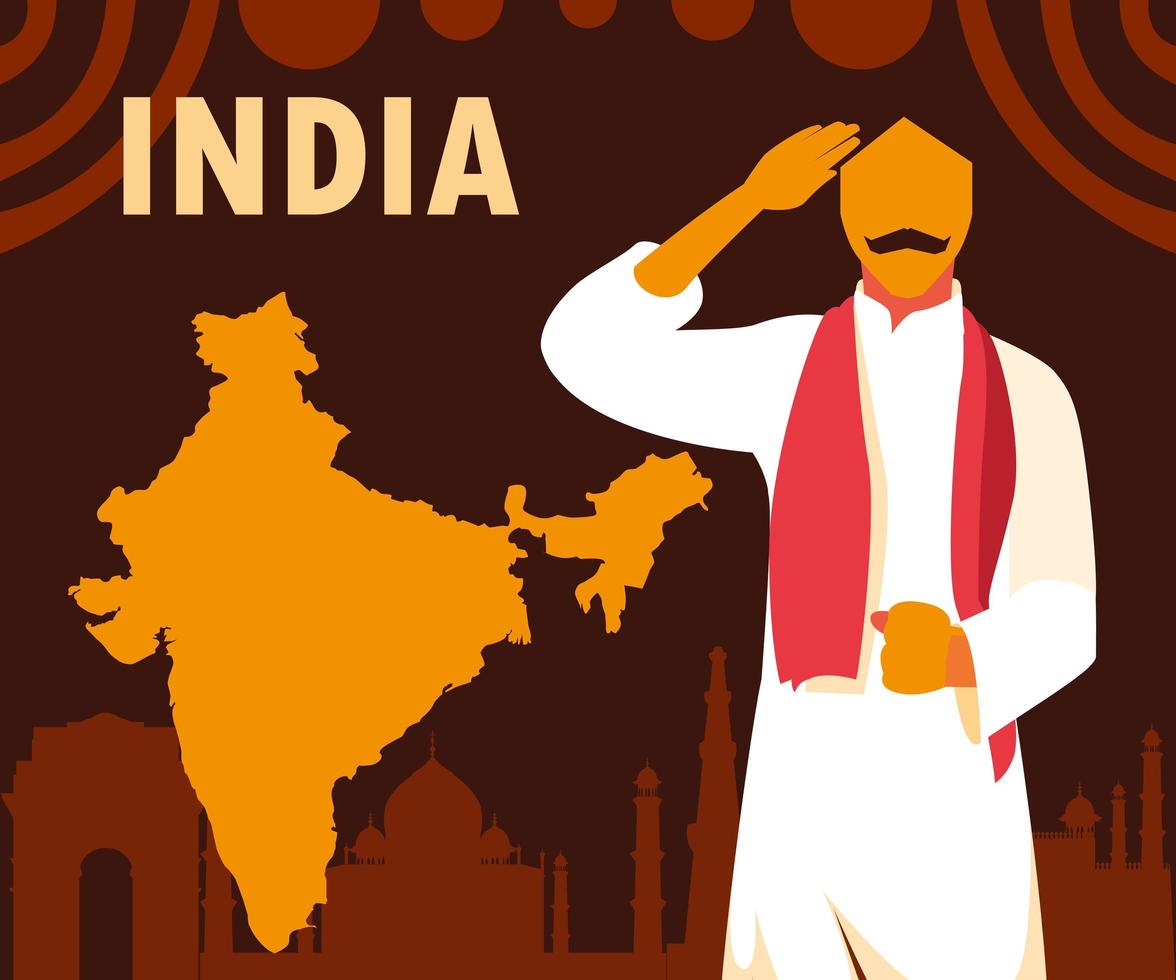 etiqueta india del día de la independencia con el hombre y el mapa vector