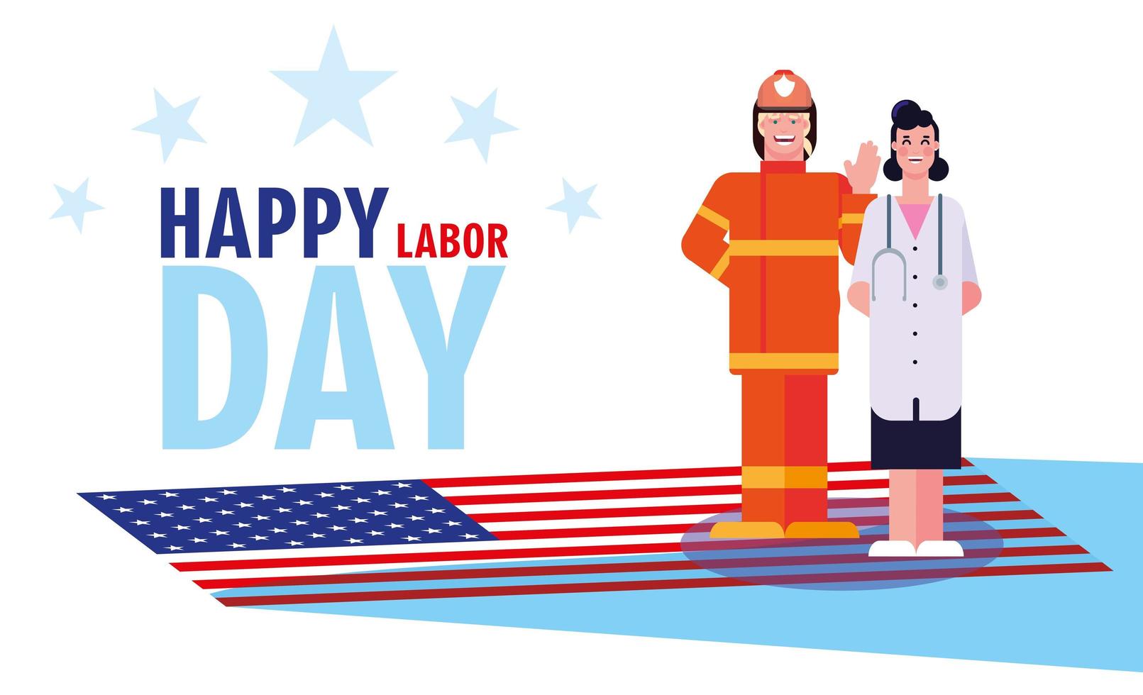 labor day label with firefighter and doctor female vector