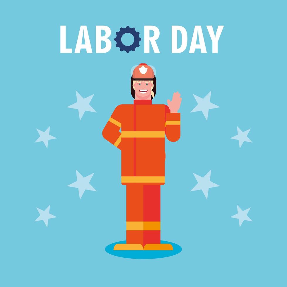 labor day label with firefighter professional vector