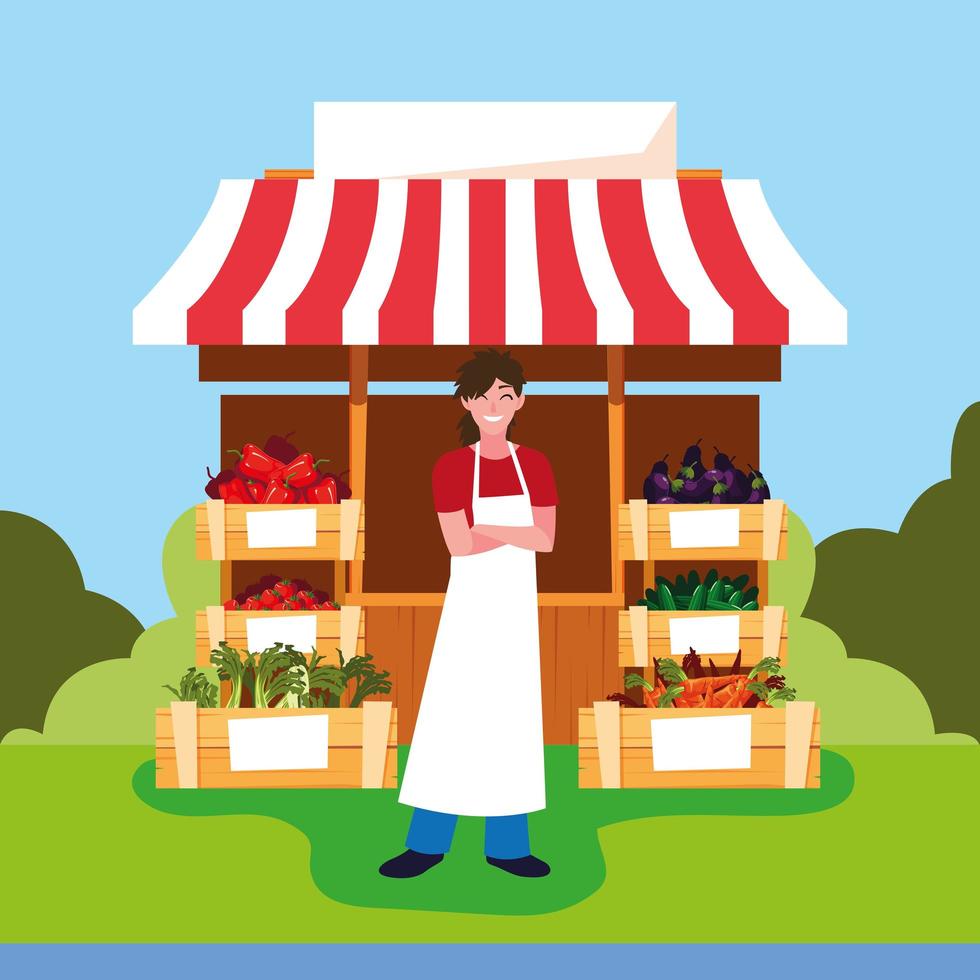 salesman with stall kiosk of store vegetables vector