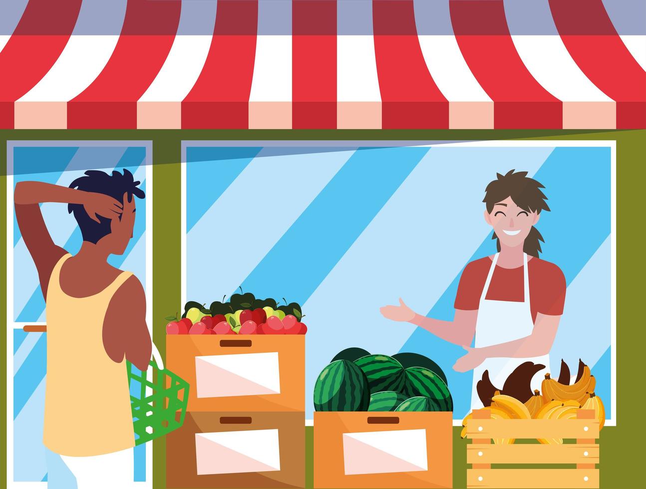 buyer watching fruits store facade building vector