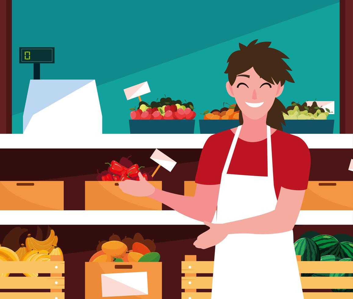 salesman with showcase store with fresh food vector