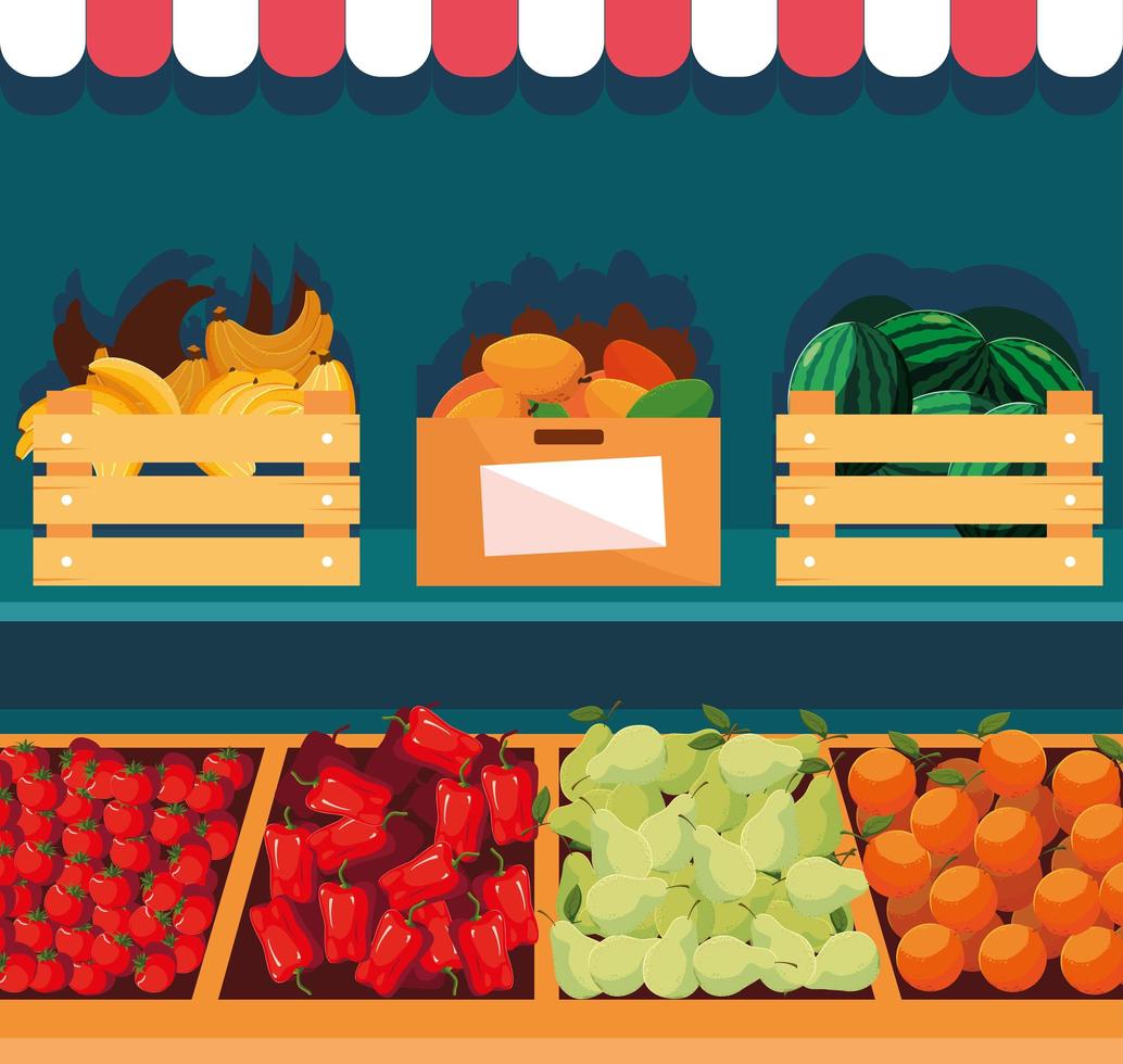 showcase wooden store with vegetables and fruits vector
